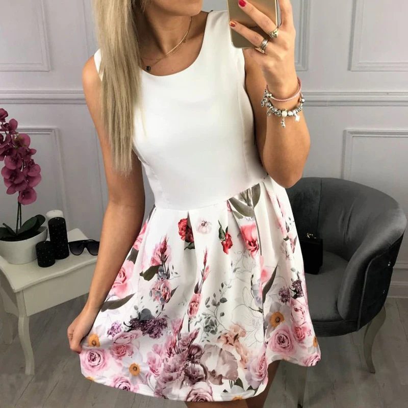 Women Sexy Sleeveless Printed Floral O Neck Slim Fit Dress Ladies High Waist Elegant Casual European Style SJ3489M | Женская одежда