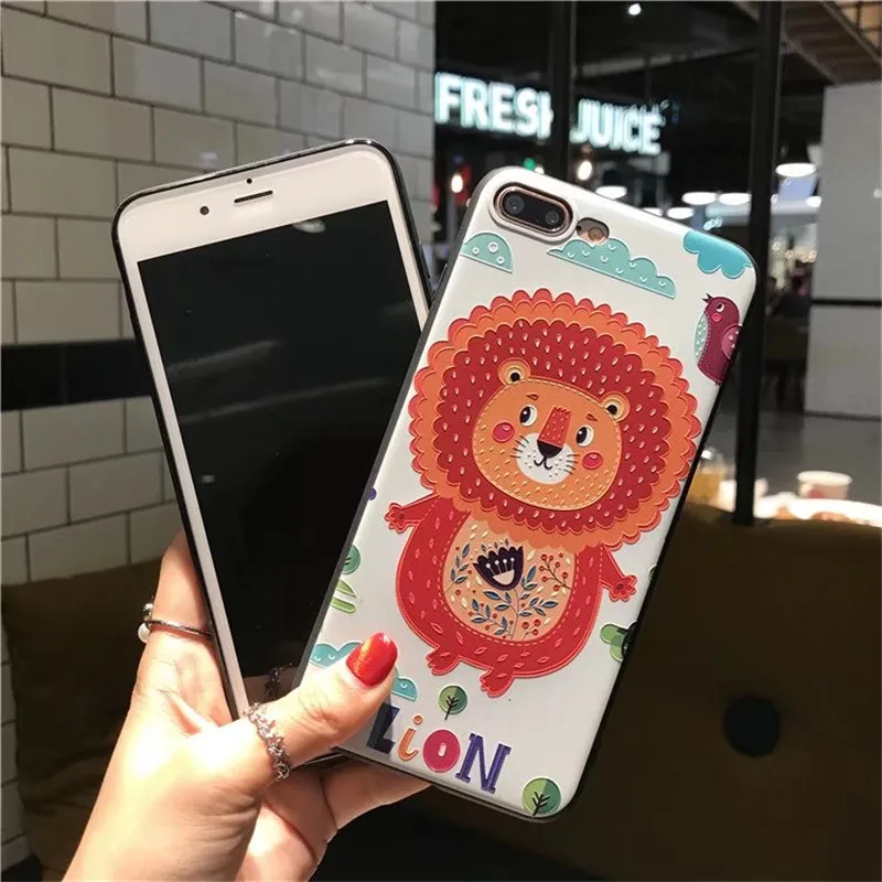 3d relief Cute Animals Lion Elephant Rabbit Giraffe Fox phone cases for iphone 7 8 6 6s plus Soft silicon X |