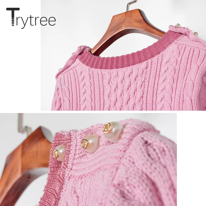 Trytree Women Casual Sweater O-Neck Autumn Winter Patchwork colours Pullovers full sleeve cotton Pink Top | Женская одежда