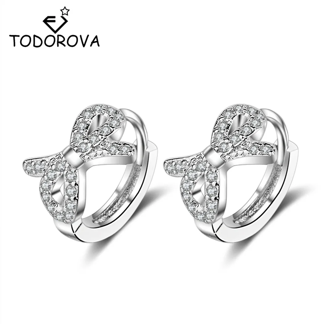 Серьги кольца Todorova с бантом и Фианитами круглые маленькие ювелирные украшения