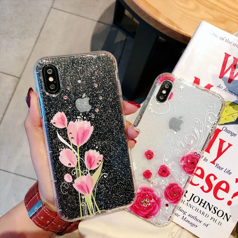 Цветочные лошадь девчачьи блестки Звезда Bling блесток телефонные чехлы для iPhone 6 6s