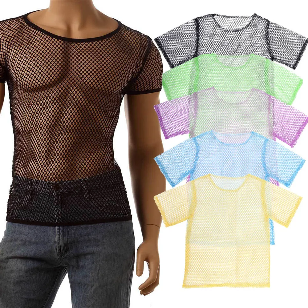 

Модная ажурная Сексуальная Сетчатая футболка унисекс, Верхняя Нижняя рубашка, прозрачная, с круглым вырезом, с полурукавами, большого разме...