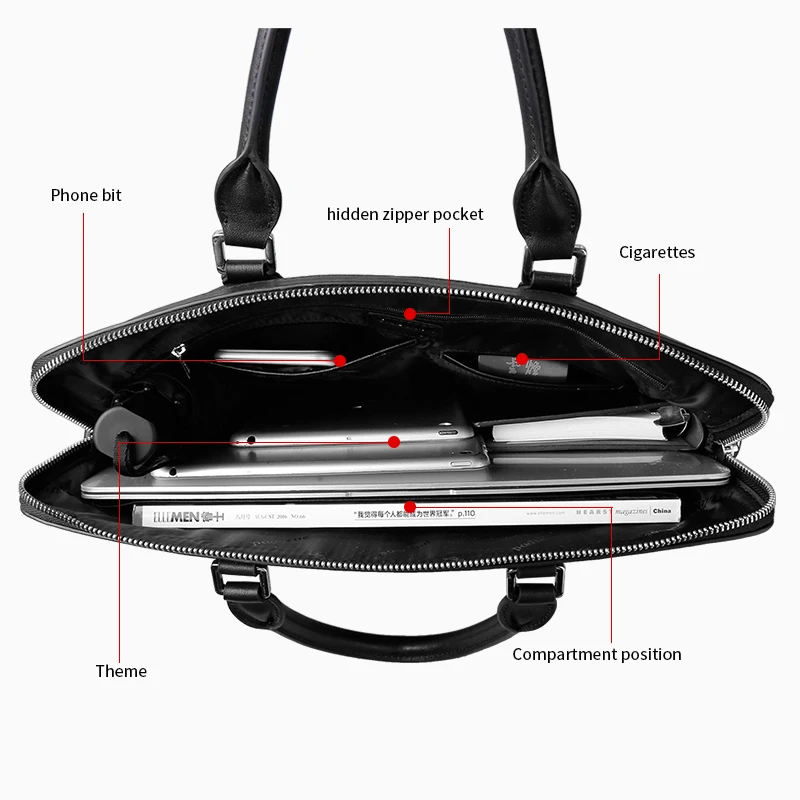 business messenger  leather handbags portfolio bags  for  document shoulder  office Briefcase Men's laptop  computer man genuine