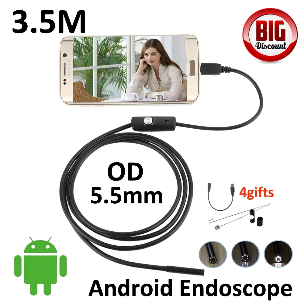 5.5 мм Android OTG USB эндоскопа Камера 3.5 м гибкий Змея пробки инспекции Smart телефон