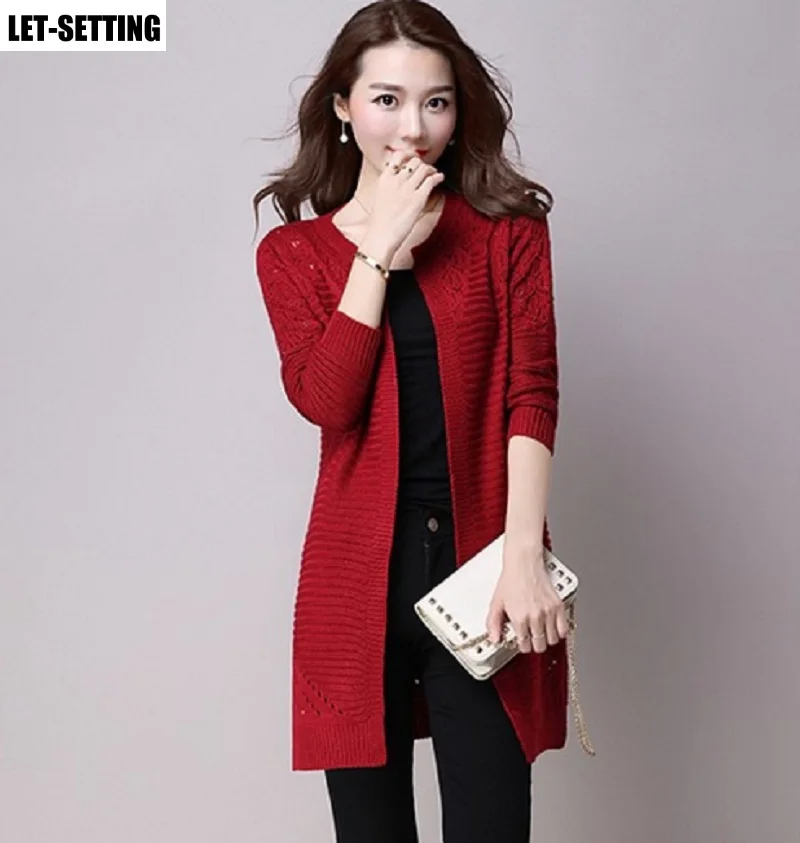 

Korean spring autumn cardigan long solid color hollow out sweater poncho full sleeve open stitch knitted women outerwear S-XXL