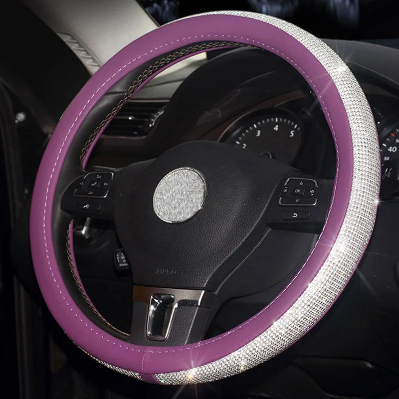 purple wheel cover Стразы, кожаный чехол на руль для автомобиля, крышка на руль, Хрустальный чехол, авто аксессуары для интерьера для женщин и девушек - Название цвета: purple wheel cover