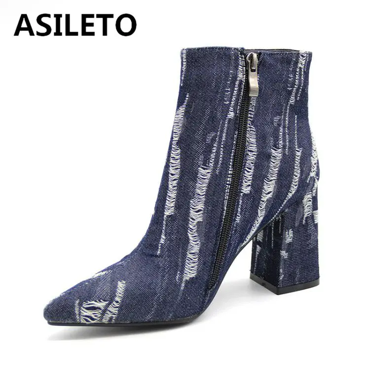 

ASILETO ankle boots for women high heels pointed toe broken denims shoes woman zipper party dress bottes zapatos western booties