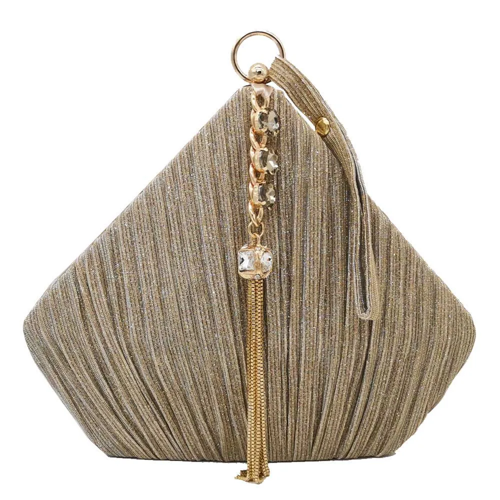 Boutique De FGG Пентагон женские Сатиновые вечерние сумки кристалл кисточкой клатч Сумки Свадебная вечеринка коктейль Minaudiere кошельки сумка - Цвет: Gold evening Bag