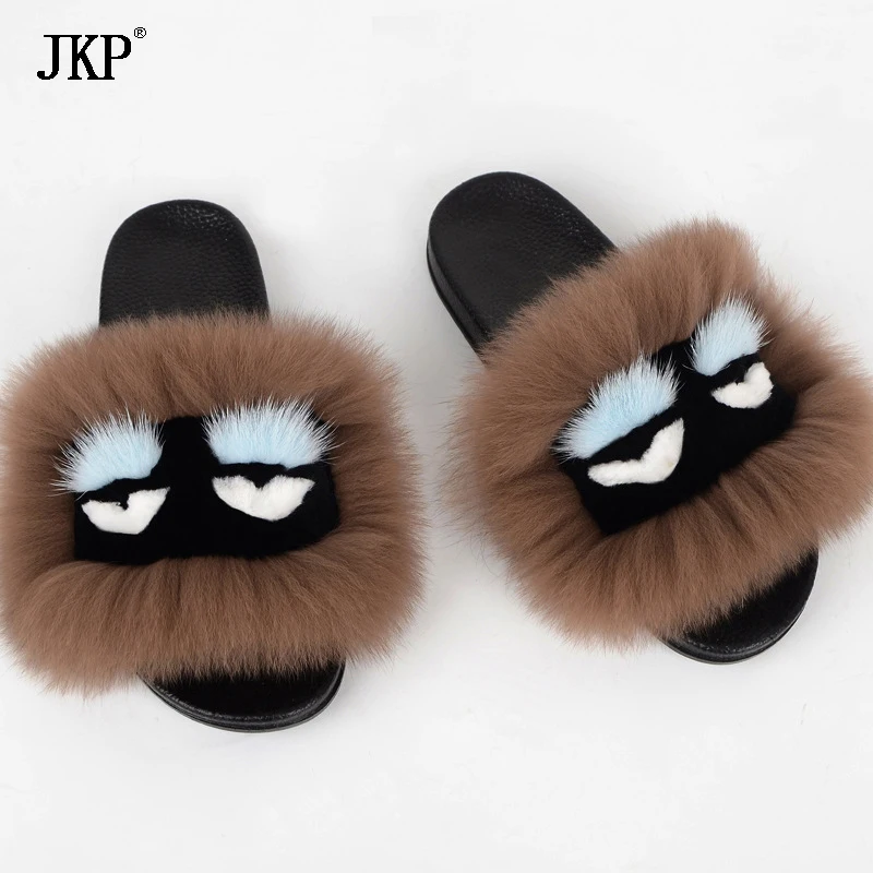 JKP autumn and winter 2018 new wild fur slippers real natural fox home shoes summer travel monster |