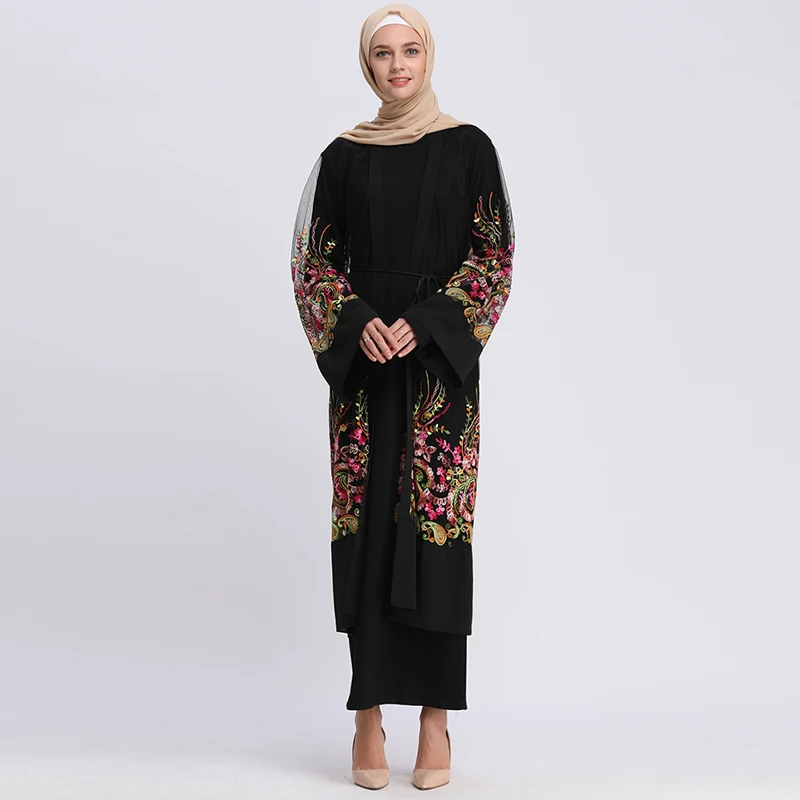 Abaya Дубай ислам кафтан с цветочной вышивкой кардиган мусульманское платье хиджаб турецкий Кафтан Абая для женщин ислам ic одежда
