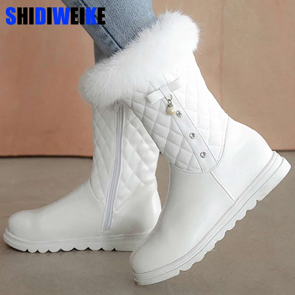 NEW fashion warm Mid-Calf snow boots women round toe soft leather warm Rabbit Fur winter thick fur ladies winter shoes