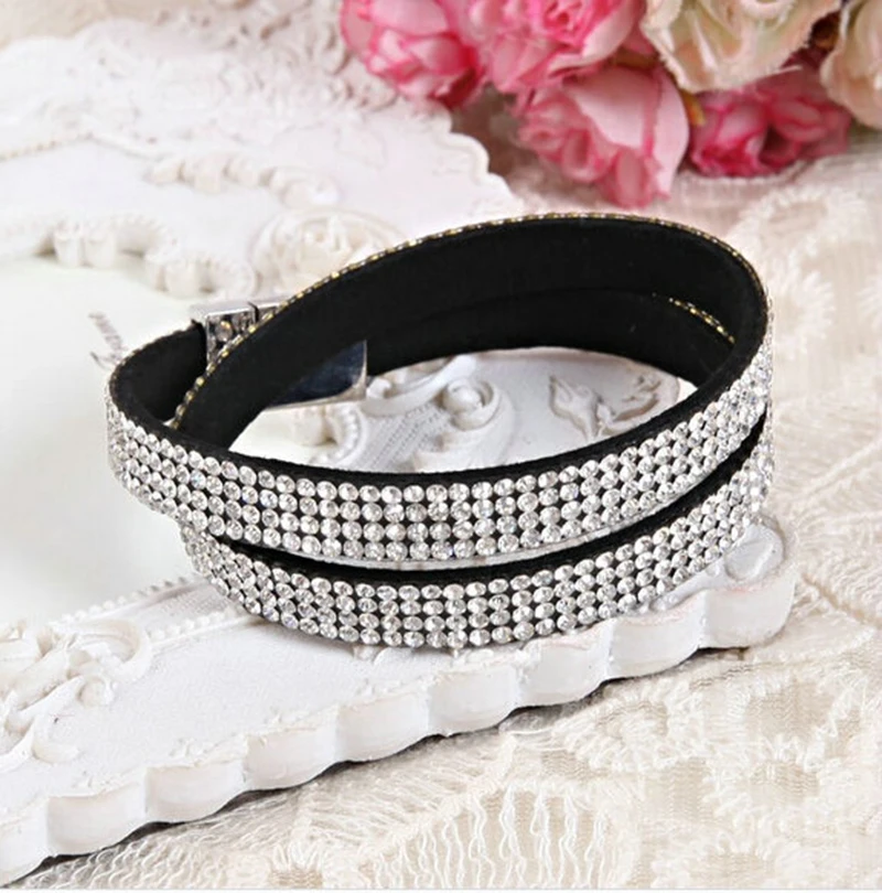 

1 pc/lot 2018 4 Layer Rhinestone Leather Bracelet&bangle Wrap bracelet Magnet Clasp Multilayer For Women Party Free Shipping