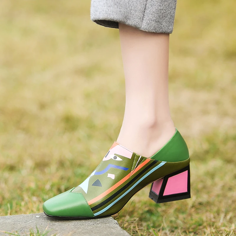 

WETKISS Leatther Thick High Heels Pumps Women Square Toe Footwear Fashion Print Shoes Female Exotic Mules Shoes Woman Spring