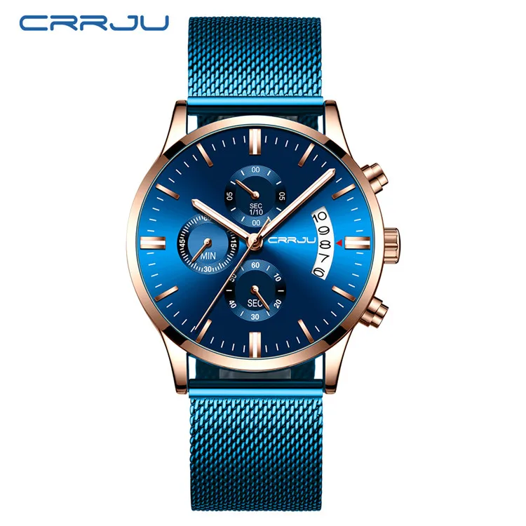 Relogio masculino CRRJU мужские синие часы Топ бренд стильные модные наручные часы для мужчин полный стальной сетчатый ремень повседневные кварцевые часы - Цвет: rose blue rose