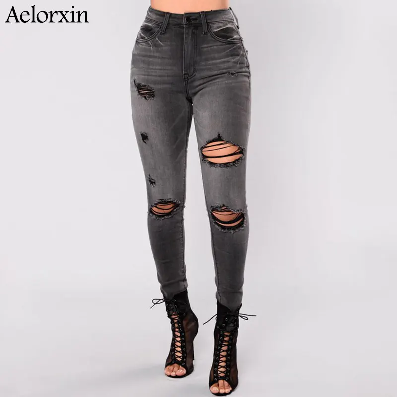 

Aelorxin New High Waist Skinny Jeans Plus Size Jeans Woman Hole Black Pencil Pants with Pocket S M L XL 2XL 3XL 4XL Jean Femme