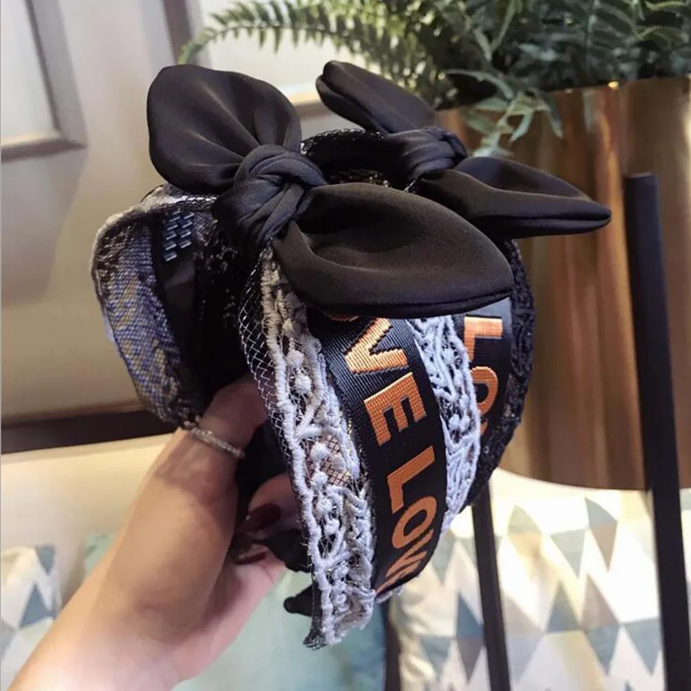 Fashion Big Bowknot Hairband Love Print Head Band Lace Hair Accessories Fresh Women Hoop Striped Bands Wholesale |