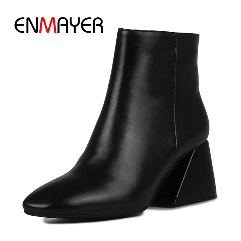 

ENMAYER Square Toe Basic Ankle Genuine Leather Square Heel Zapatos De Mujer Boots Women Size34-39 ZYL1782