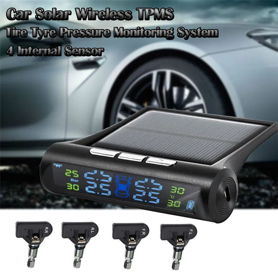 Автомобильная солнечная Беспроводная TPMS система контроля давления в шинах + 4