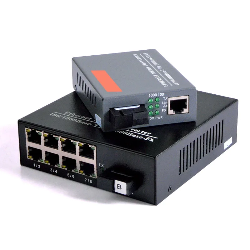 

1 pair 10/100/1000Mbps Gigabit Ethernet Media Converter 1 port RJ45 1 port SC + 8 port RJ45 1 port SC Single Mode Optic Fiber