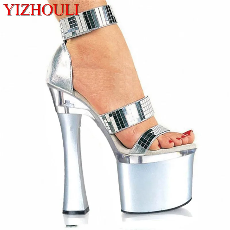 Summer 7 inch high heel shoes for women pole dancing sandals 18cm silver Platform Strappy High Heels Party Dance Shoes