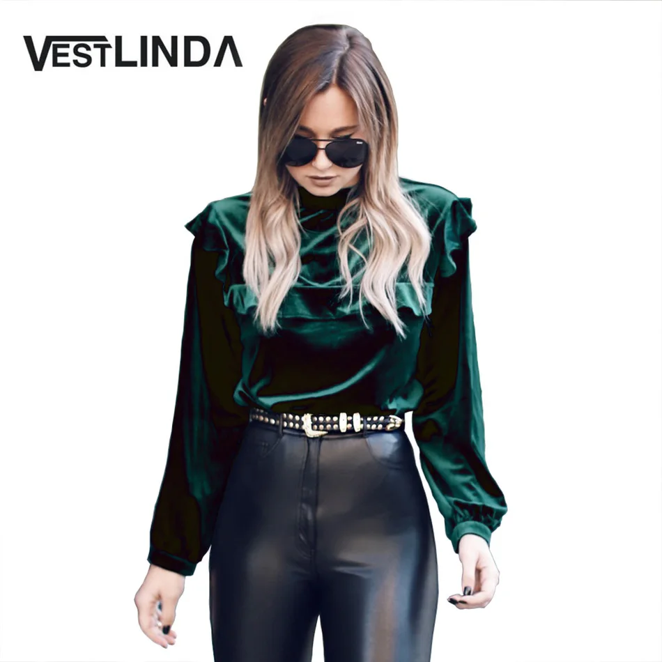 Повседневное оборками бархатная блузка рубашки для мальчиков Весна Зеленый Топы