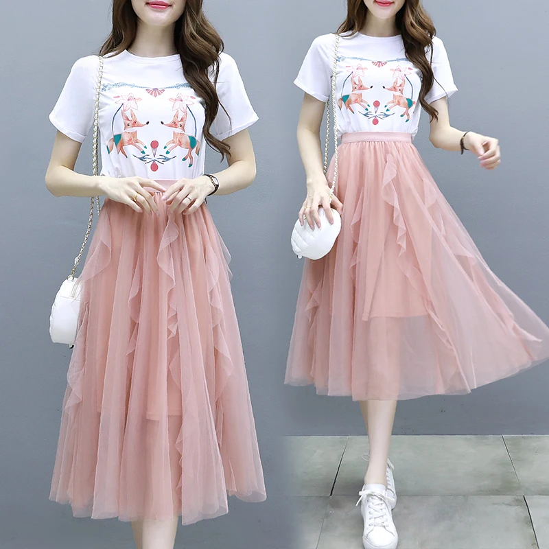 2019 Fashion Women's Clothing Mesh Ruffles O-neck Short Sleeves Printing Two Pieces Summer Sets Female | Женская одежда
