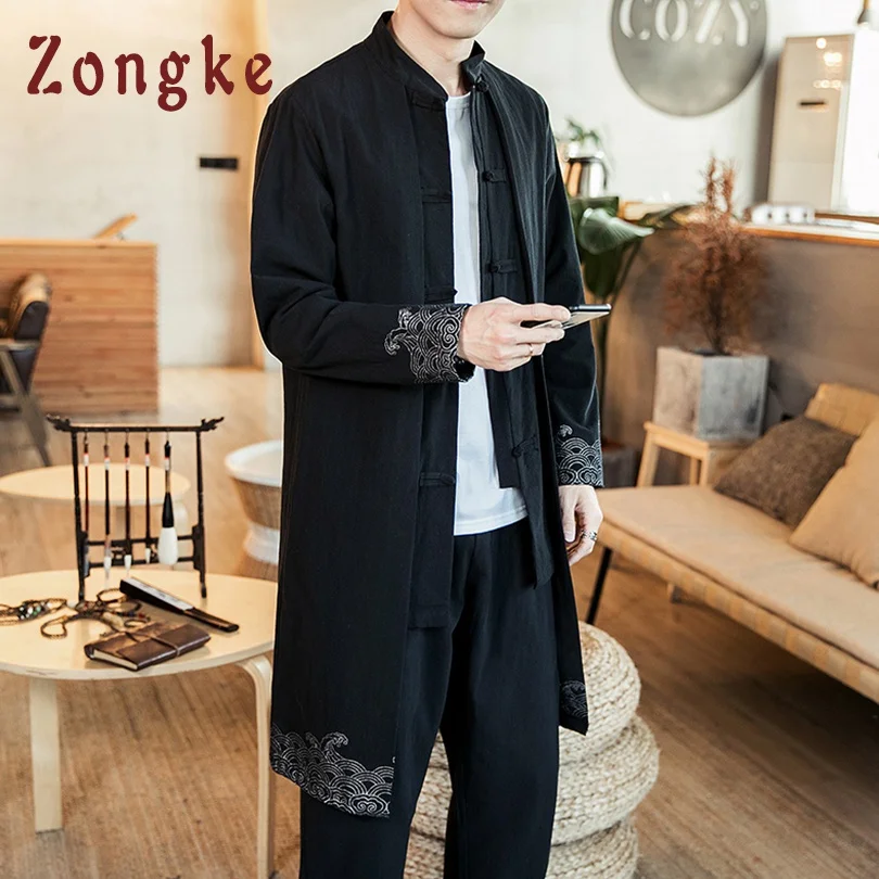 Zongke китайский национальный стиль Длинная ветровка мужская уличная Длинная Куртка мужская хип-хоп ветровка мужские куртки пальто