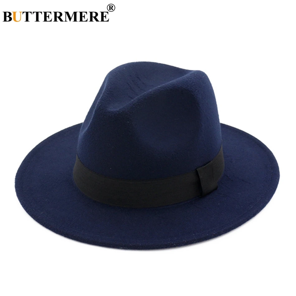 navy blue hat BUTTERMERE фетровые шляпы для девушек, хлопковая серая джазовая шляпа, Топ для женщин с широкими полями, британская Классическая фетровая шапочка, Женская осенне-зимняя фетровая шапочка - Цвет: navy blue hat