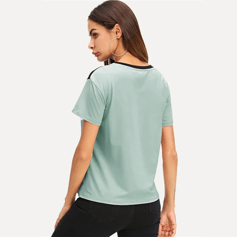 SweatyRocks Cut and Sew Tee многоцветный короткий рукав круглый вырез пэчворк повседневные топы женские летние Athleisure футболка с цветными деталями