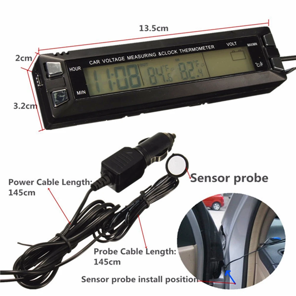 Универсальные автомобильные цифровые часы с ЖК дисплеем и красной/оранжевой