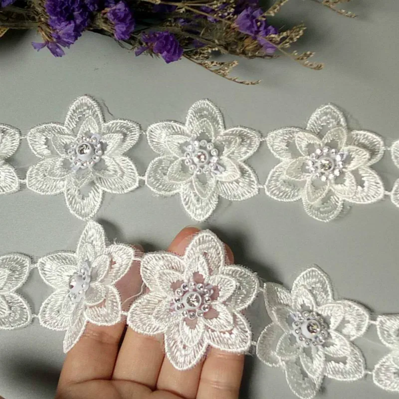 1 ярд полиэстер белые 3D Цветы вышитая африканская кружевная отделка Лента ткань