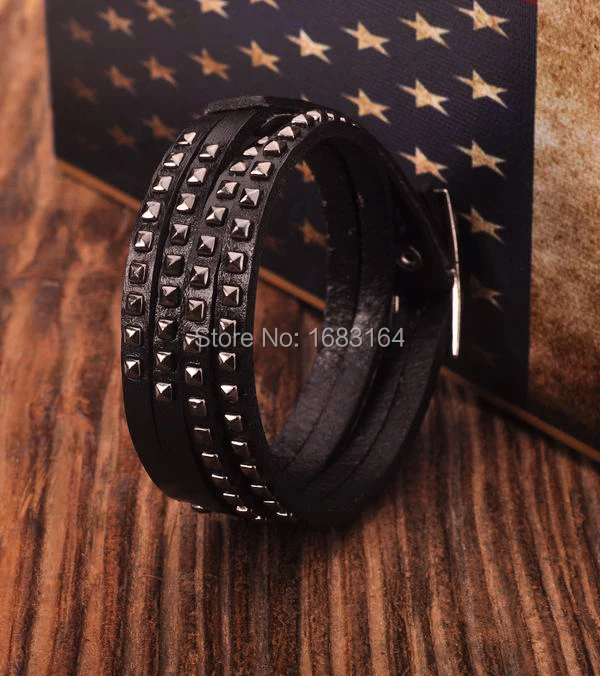 Black Double Wrap Leather Wristbands Bracelet Cuff Punk Lined &ampStudded New Mens | Украшения и аксессуары