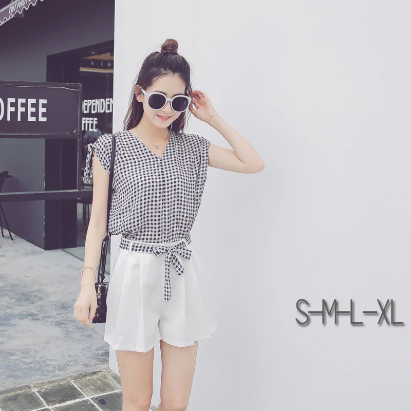 2017 Летом Случайные женские Наборы 2 Шт. Набор V Шеи Черный клетчатой Рубашке Топ и