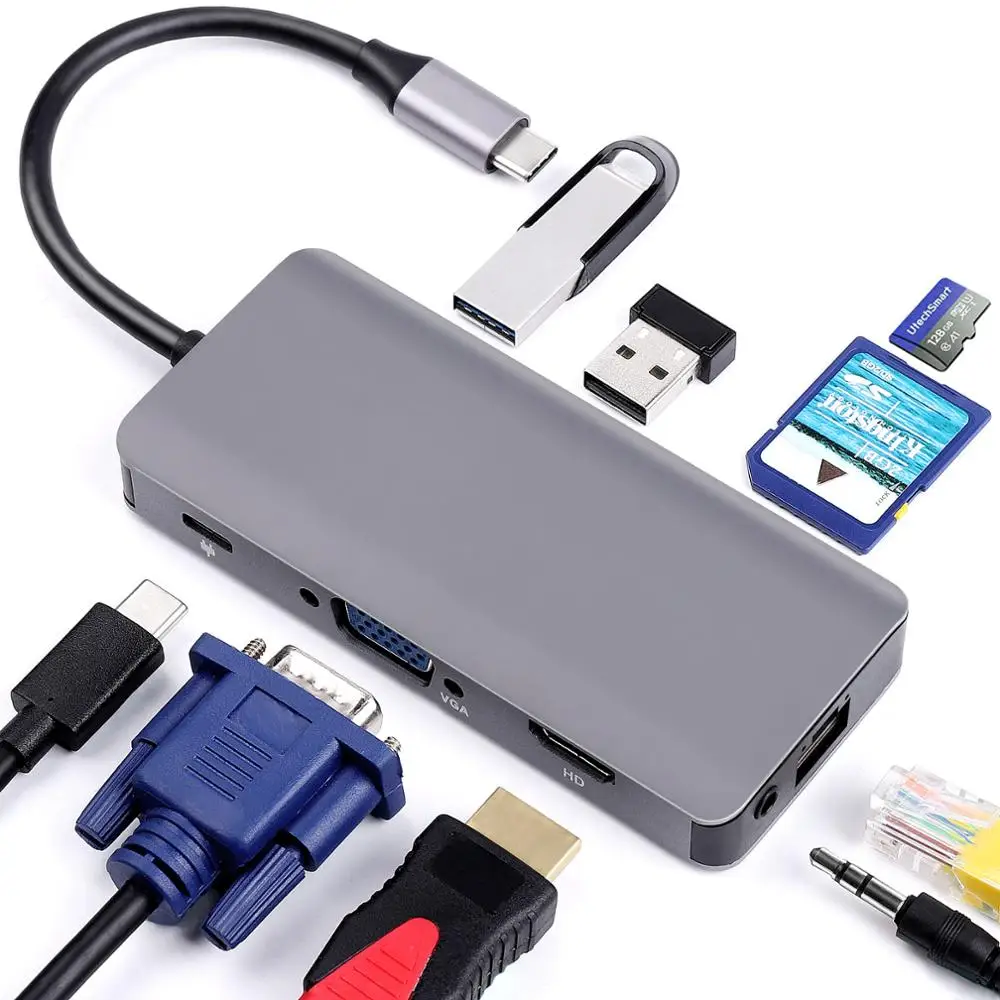 

9 in 1 USB-C Type C HUB to 3.5mm Audio Mic 4K HDMI VGA RJ45 Lan Adapter USB 3.0 SD TF Card Reader Type C PD Charging Adapter Hub