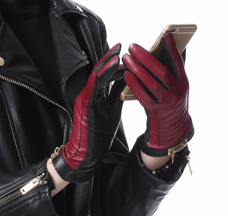 Женские модные зимние теплые комбинированные цветные кожаные перчатки с