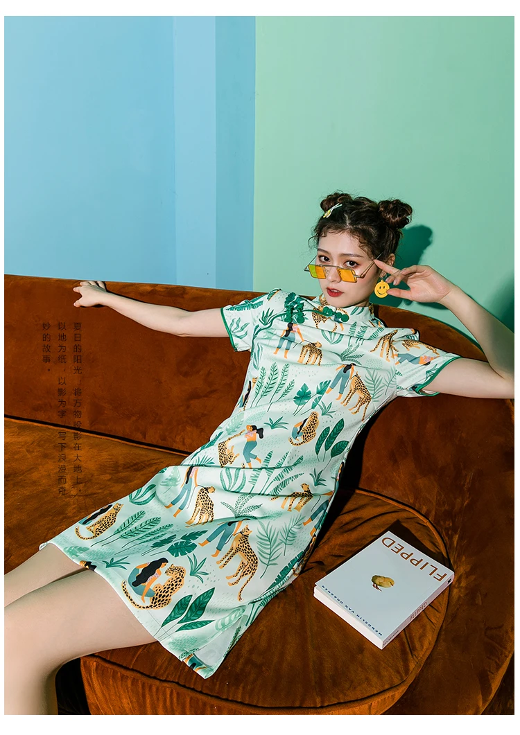SWEETXUE Cat Leaf Print Cheongsam простое платье модное винтажное Сплит Мини Вечерние платья летние женские ретро платья в китайском стиле
