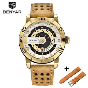 Часы мужские BENYAR, кварцевые, спортивные, водонепроницаемые, с хронографом, кожаным ремешком, 2021