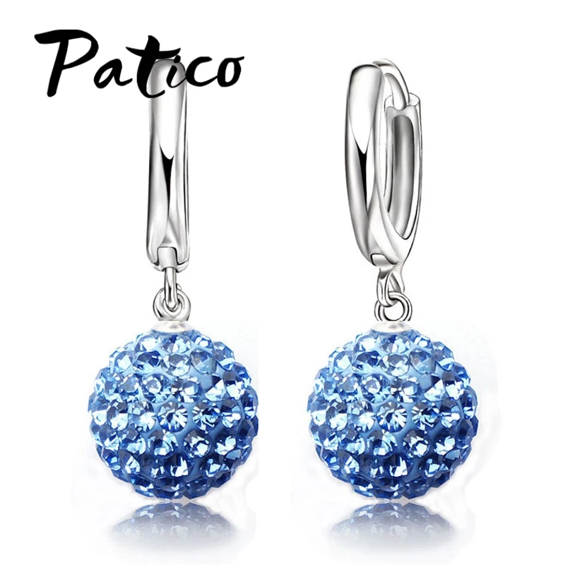 

Hot Sale Multi Colors 1 Pair Real Pure 925 Sterling Silver Austrian Pave Disco Ball Hoop Lever Back Earring Woman Jewelry