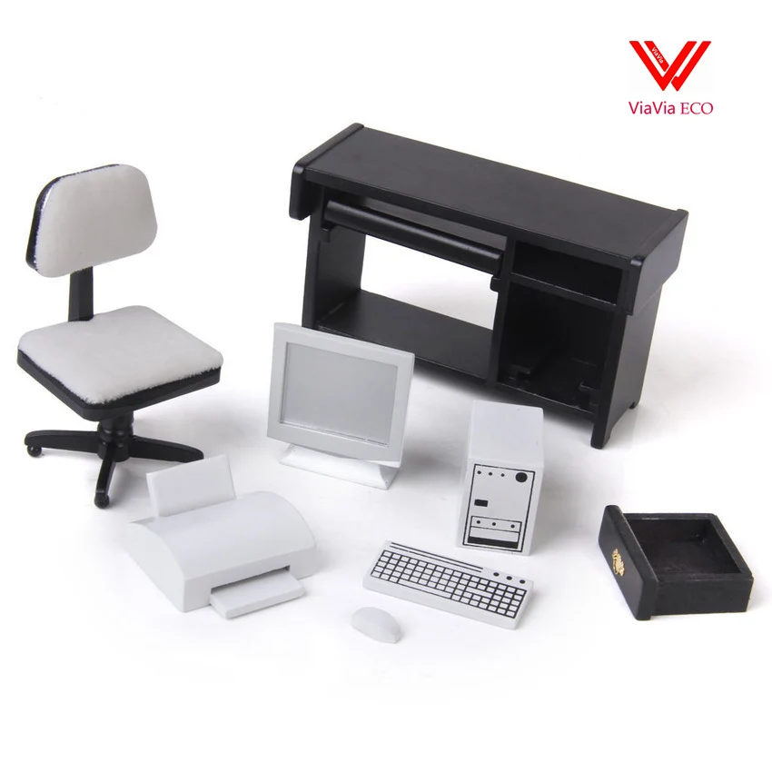 

1/12 Dollhouse Miniature Furniture Computer Desk Chair Printer Set