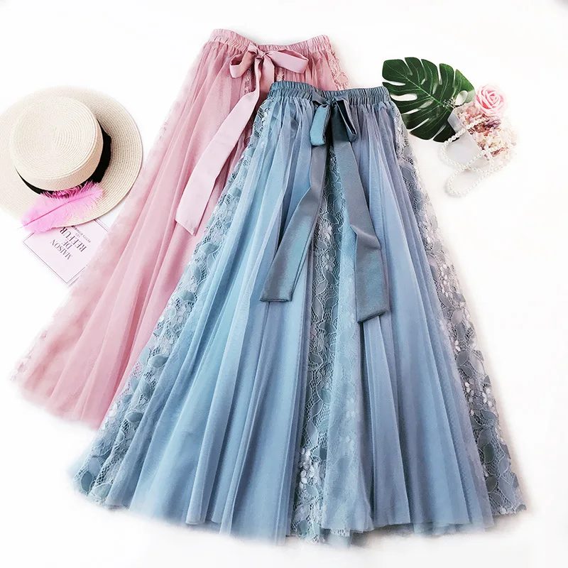 

Woman Summer Gown Skirts Ladies Elegant Lace Mesh Skirts High Waist Bowknot Female Casual Skirts Beach