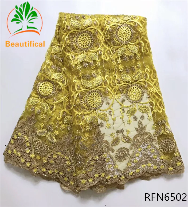 Beautifical YELLOW french lace fabric with rhinestone 2017 Fashionable african tulle for women party dress RFN65 | Дом и сад