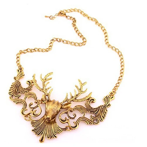 Ретро Европейский антикварный золотой цвет кулон голова оленя ожерелье свитер