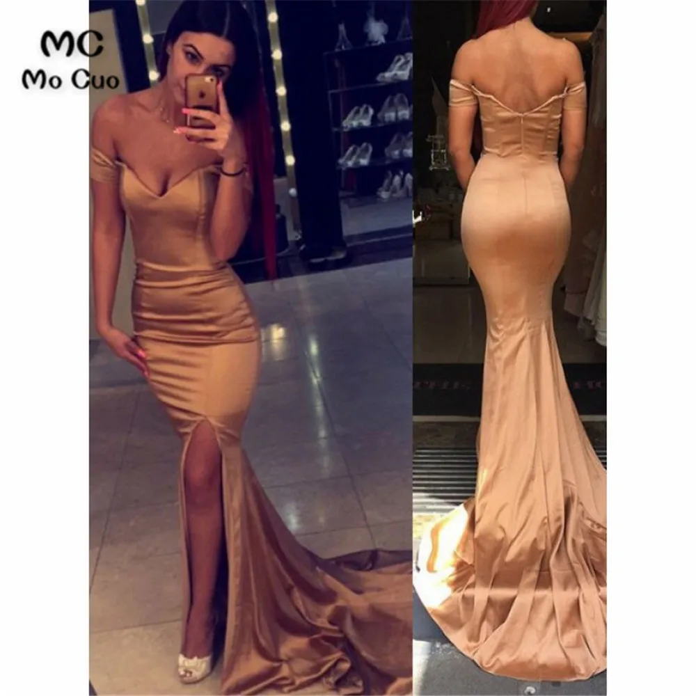 

Sexy Off the Shoulder Evening Dresses Long Zipper Back Short Sleeve Sweep Train Shiny Satin Evening Party Dress for Women