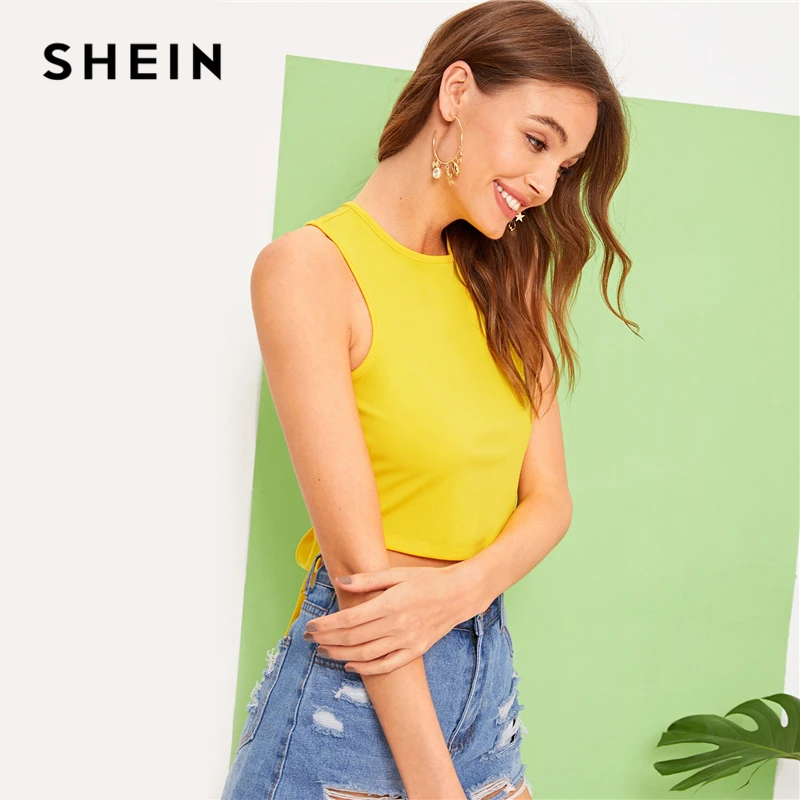 SHEIN сексуальный яркий имбирный топ с перекрещивающимися бретельками и завязками на спине, Женский Топ, лето, повседневный топ с открытой спиной, эластичный облегающий жилет