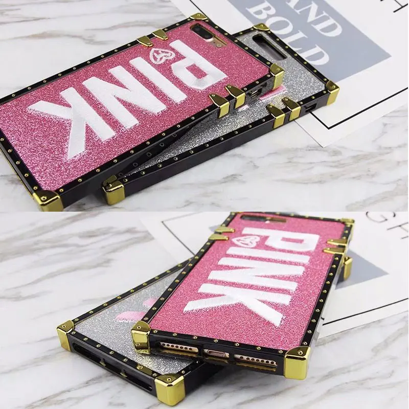 3D Cute Embroidery PINK Glitter Bling Square Soft Case for iPhone 6 6s 7 8 Plus X Luxury Cover Samsung Galaxy S9 Cases |