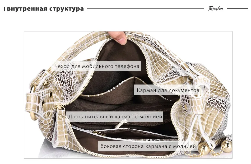 Realer женские сумки натуральная кожа Новое поступление большие сумки на ремне женские с узором «крокодиловая кожа» Hobos сумка с кисточкой
