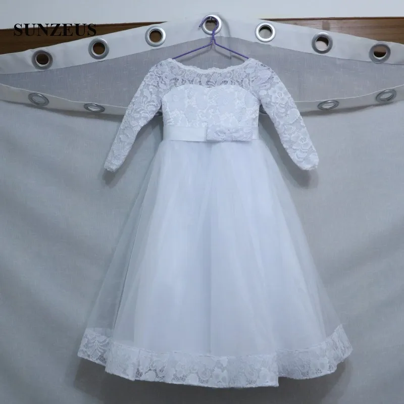 Long Sleeve Lace Flower Girl Dresses for Weddings A-Line Scoop Formal Tulle Holy Communion vestidos flores S1501 | Свадьбы и