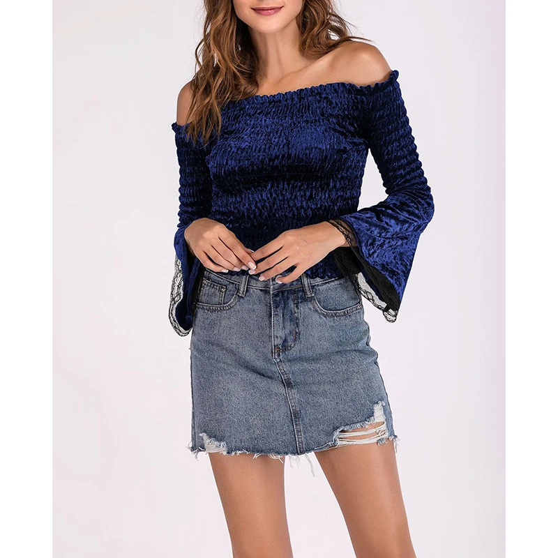 Women Velvet Lace Blouse Spring Off Shoulder Long Sleeve Slim Shirt Casual Solid Ladies Blusas Tops Female SJ764S |