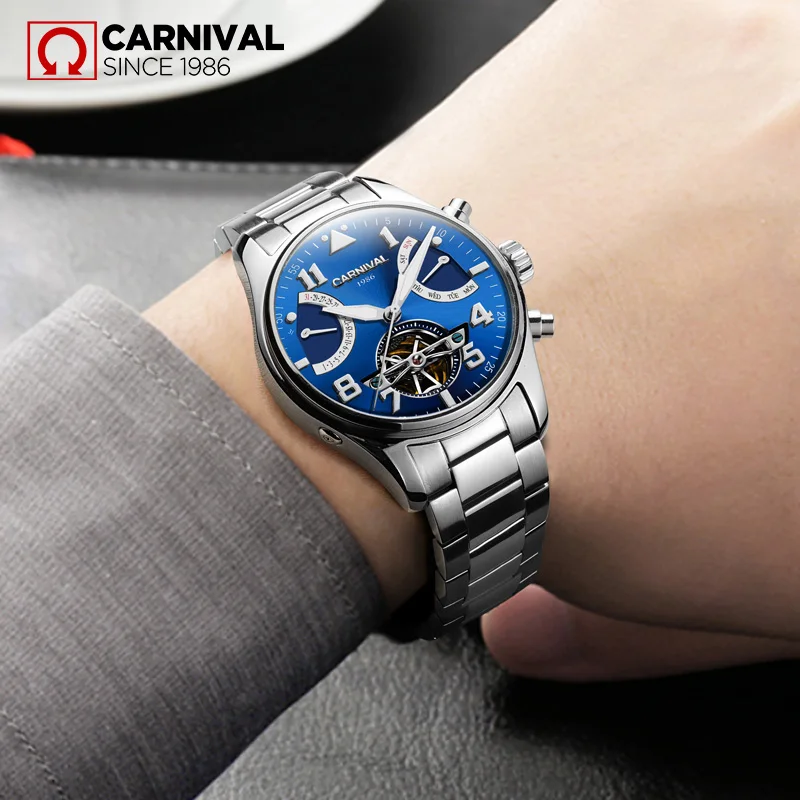 Механические Мужские часы CARNIVAL Skeleton Sandblast водонепроницаемые светящиеся из