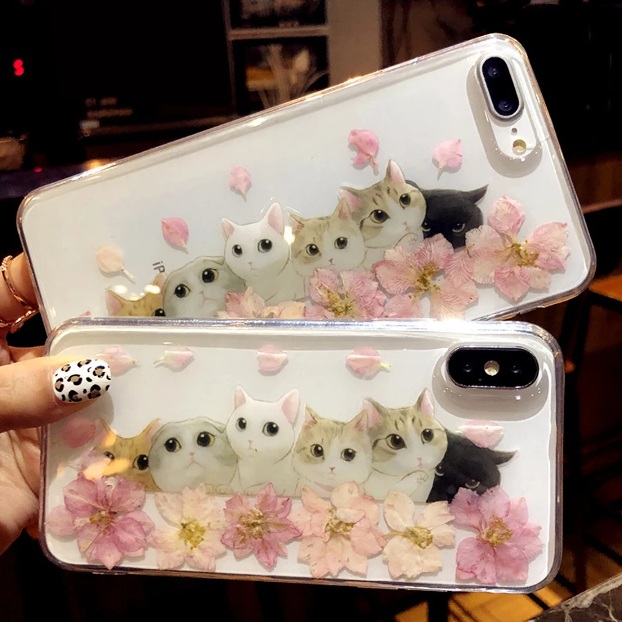 DIY Dried Real Flower Cat Clear Cover Phone Case For iPhone 8 6 6S Plus 7 Coque XR XS MAX X Etui Luxury Original |